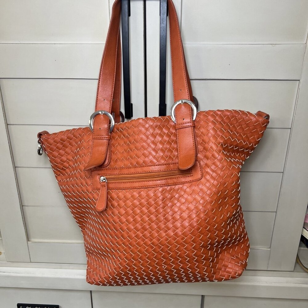 Charming Charlie Orange Weave Vegan Leather Large Tote, Handbag, Purse